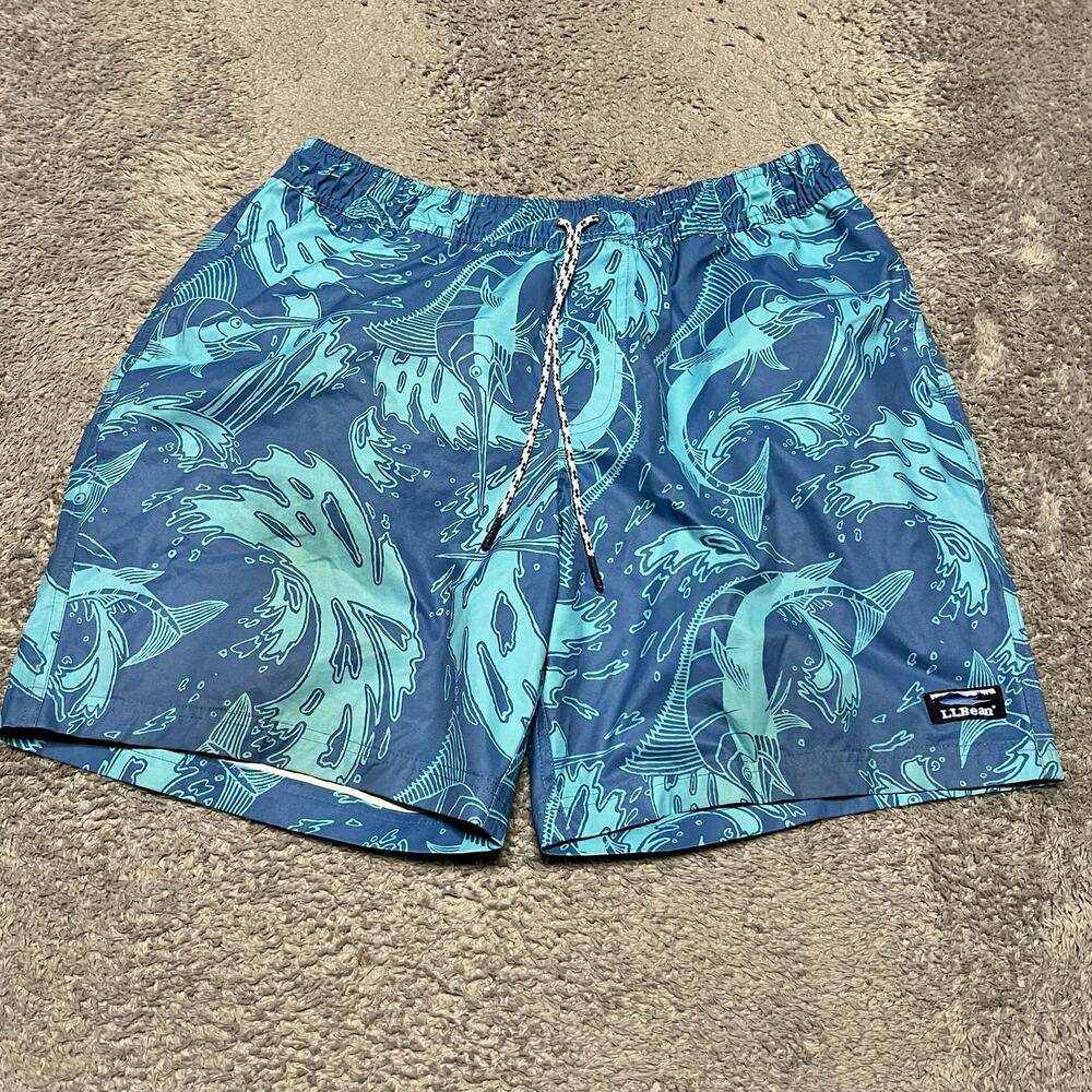 LL Bean Shorts Swim Trunks Mens Large Blue Mesh Lined Hawaiian